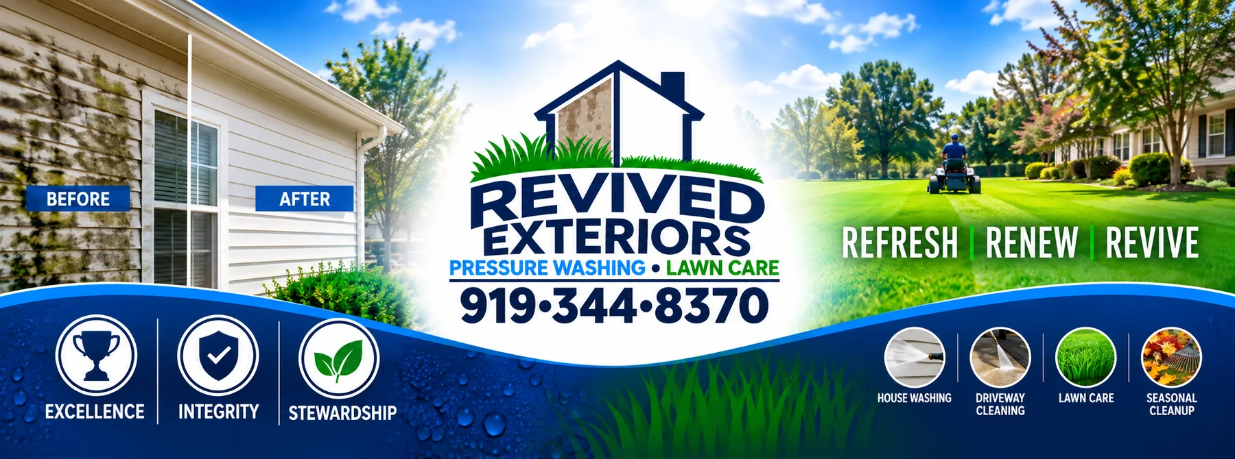 Revived Exteriors: pressure washing and lawn care, 919-344-8370. Excellence, integrity, stewardship. Refresh, renew, revive.