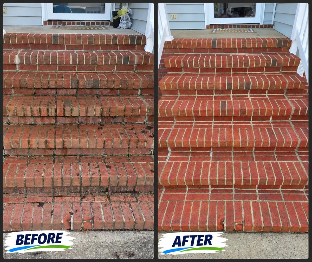 Before and after: brick front steps, dirty and stained on the left, clean and bright red on the right