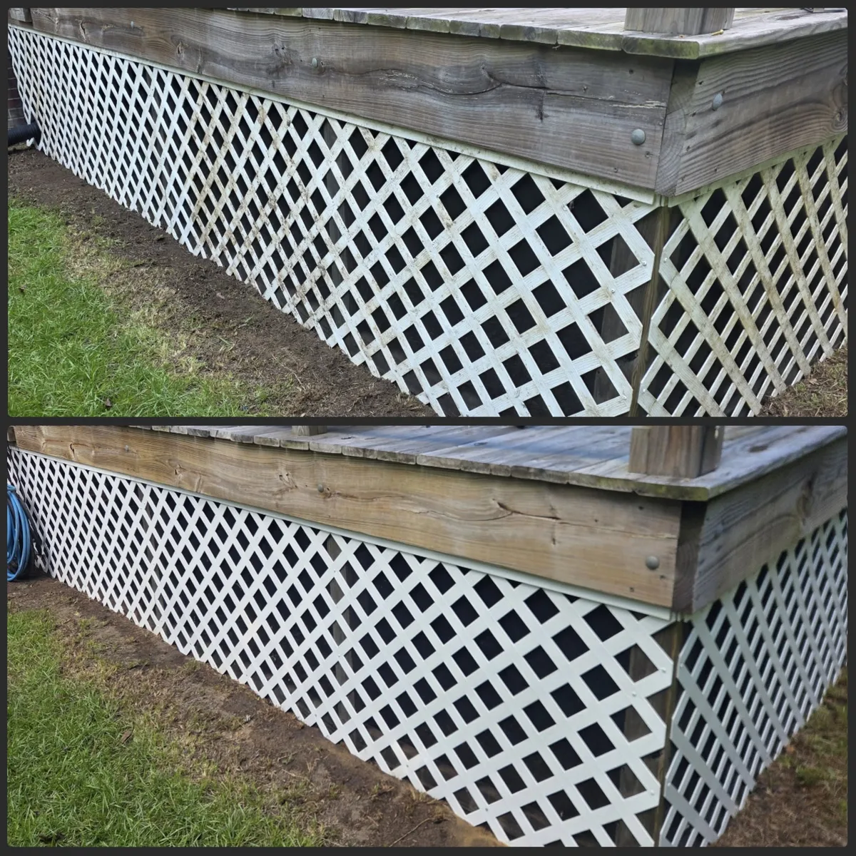 Before and after: white deck lattice streaked with dirt on top, clean on bottom
