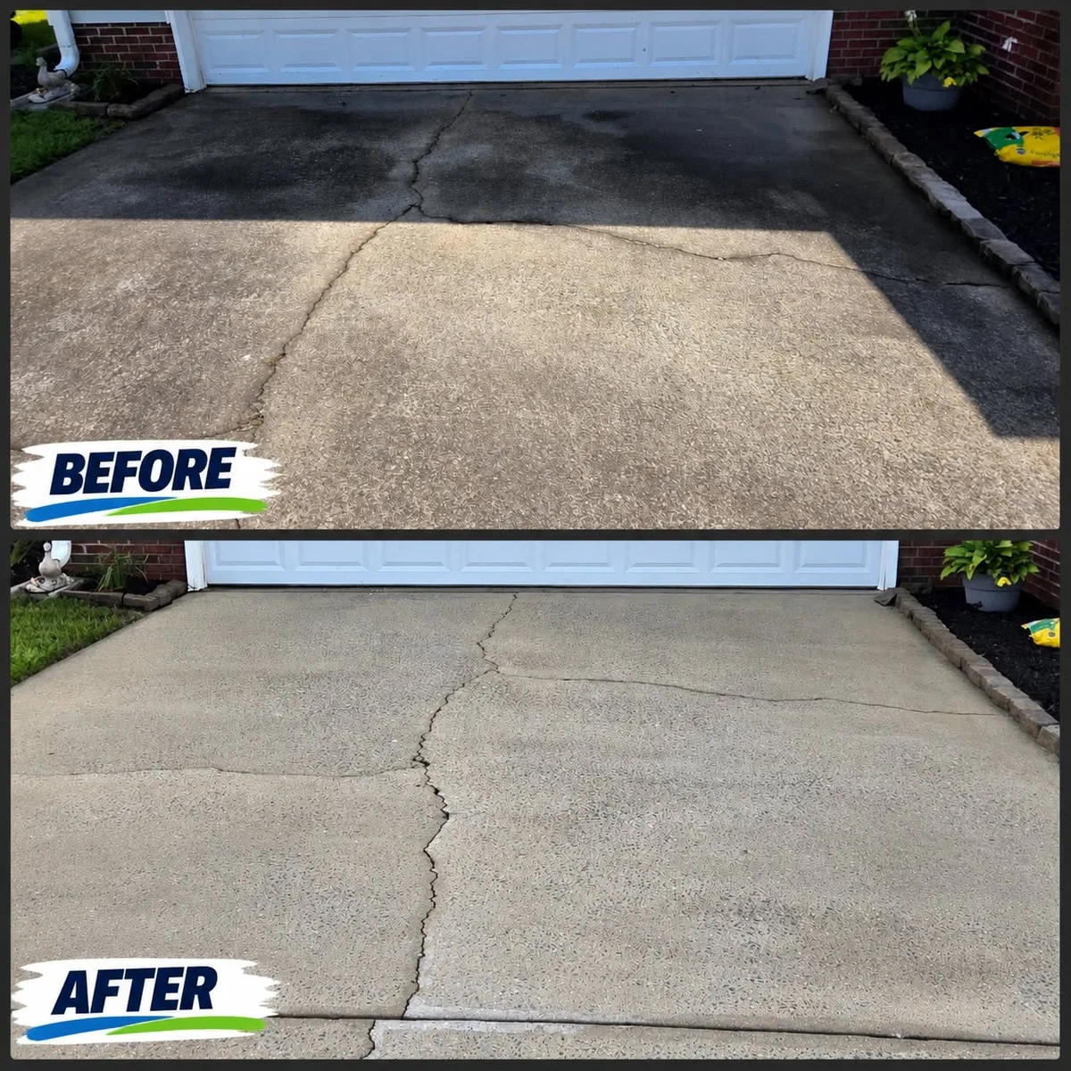 Before and after: concrete driveway darkened with buildup on top, clean on bottom