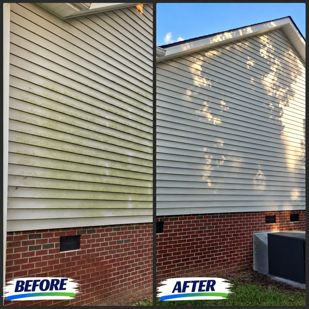 Before and after: white vinyl siding covered in green growth on the left, clean on the right