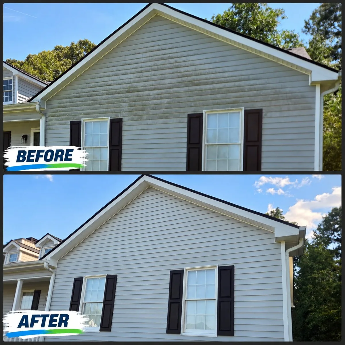 Before and after: gray vinyl siding gable streaked with green growth on top, clean on bottom