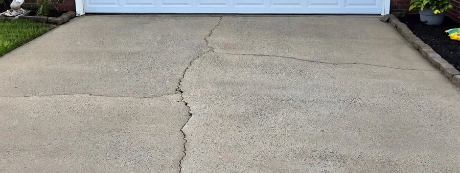 Freshly cleaned concrete driveway in front of a garage